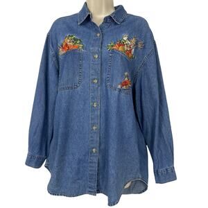 Vintage Fall Autumn Denim Shirt Womens Medium Embroidered Pumpkins Halloween 90s